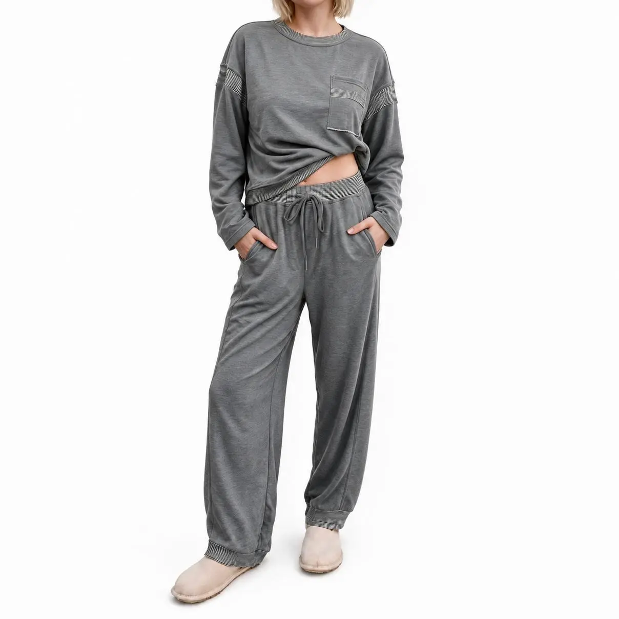 Imily Bela Womens Striped Trim Loungewear Set Long Sleeve Crew Neck Top with Pocket Drawstring Jogger Pants Soft Cozy Pajama Set for Sleepwear