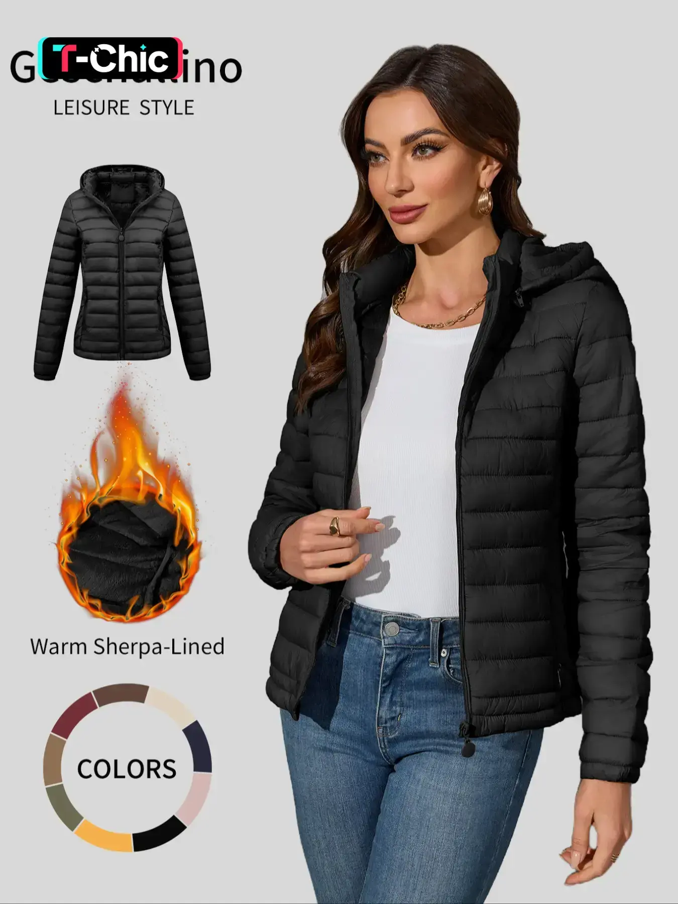 Women's Winter Cotton Solid Color Puffer Jacket, Casual Everyday Fitted Hooded Coat with Pockets and Zipper, Warm Lightweight Minimalist Commuter Outerwear for Fall & Winter