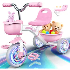 Toddler Tricycle for 1-3 3-5 Year Olds, 2 3 4 5 Year Old Girl Xmas Birthday Gifts, Pink Toddler Baby Bike, 4-Level Adjustable Seat, 3 Color Light Wheels, 2 Baskets, Outdoor Toys for Ages 2-4