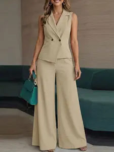 ZANZEA Women's Casual Elegance Set Suits, Lapel Neckline, Button Front, Sleeveless, Irregular Hem, Top Vest Pants, Pleated Pockets, Waist Elastic Design, Elegant