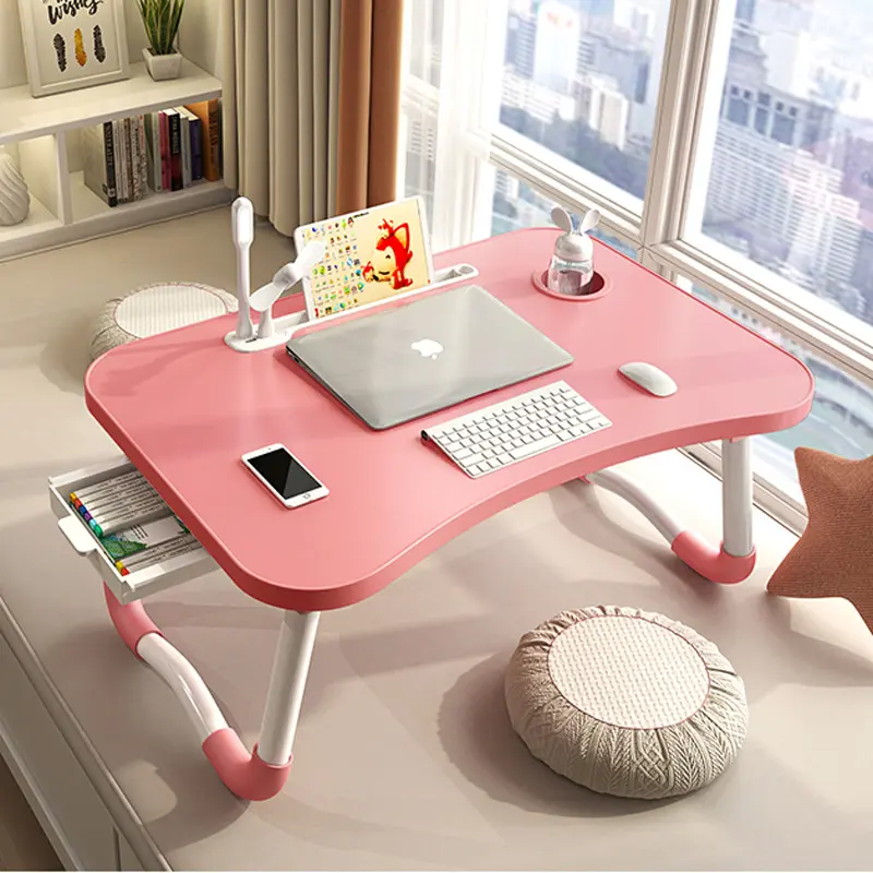 Foldable Computer Desk - Folding Laptop Table with 4 USB Ports, LED Lights, Cup Holder, Rectangular Storage Drawer, Office Accessories for Bed/Sofa Home Office Use