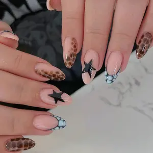 24pcs Almond Press-On Nails, Glossy False Nails, Vintage Star Tortoise Shell Pattern, Style, Includes Jelly Glue and File