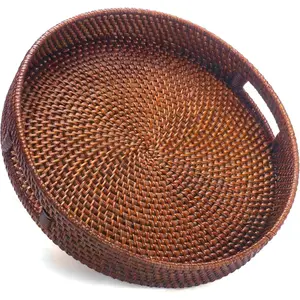 (R) Handcrafted Round Wicker Tray 14" o Large Decorative Rattan Serving Basket for Coffee Table, Ottoman, Kitchen Counter o Boho Woven  Decor Centerpiece o  Circle Trays o Brown