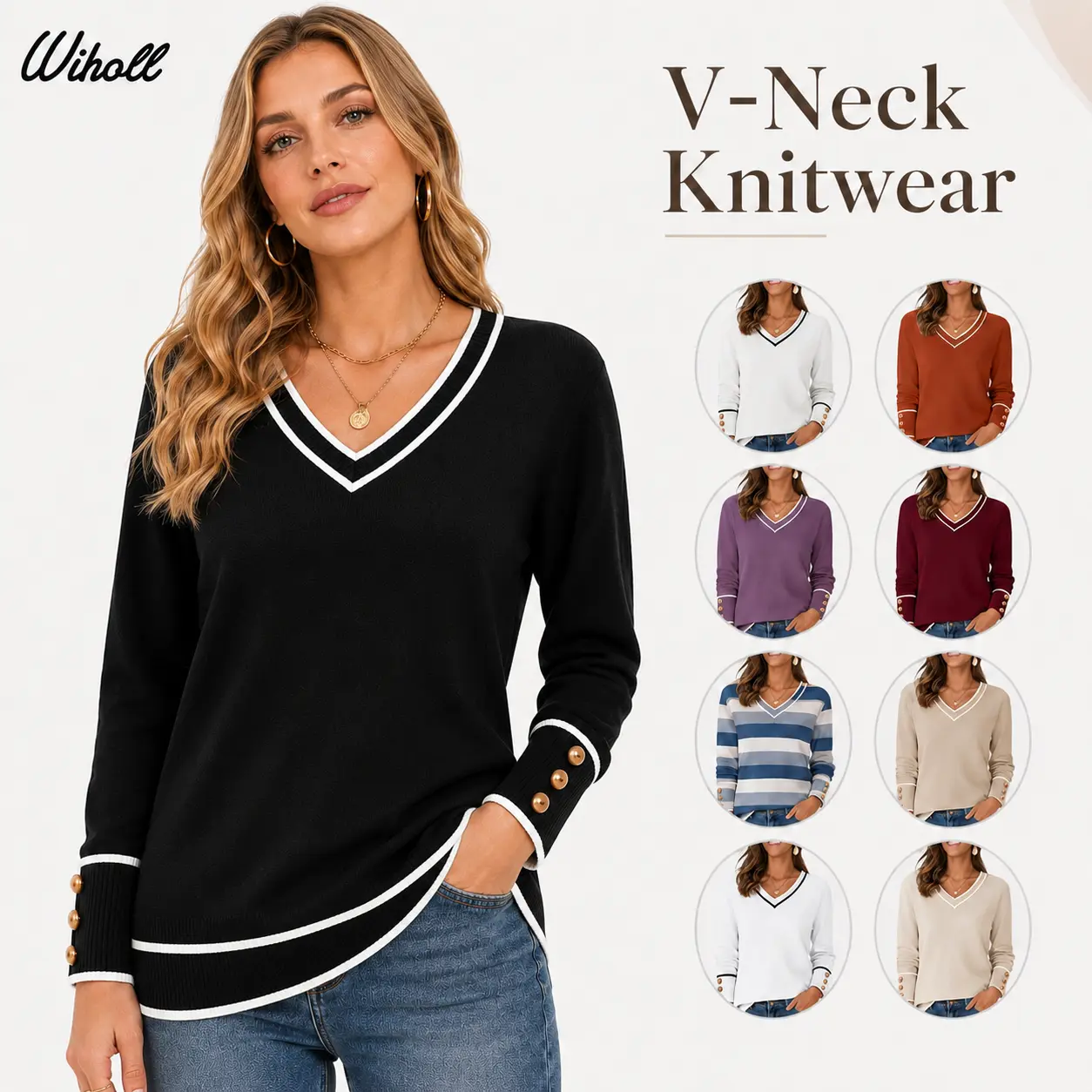 WIHOLL Women's Casual V-Neck Knit Sweater, Relaxed Fit Long Sleeve Lightweight Top with Decorative Button Cuffs