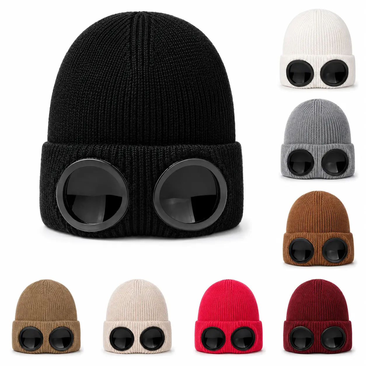 Unisex Solid Color Goggle Lens Design Beanie Hat, Cuffed Knitted Cap for Men & Women, Casual Fall Winter Streetwear Accessory