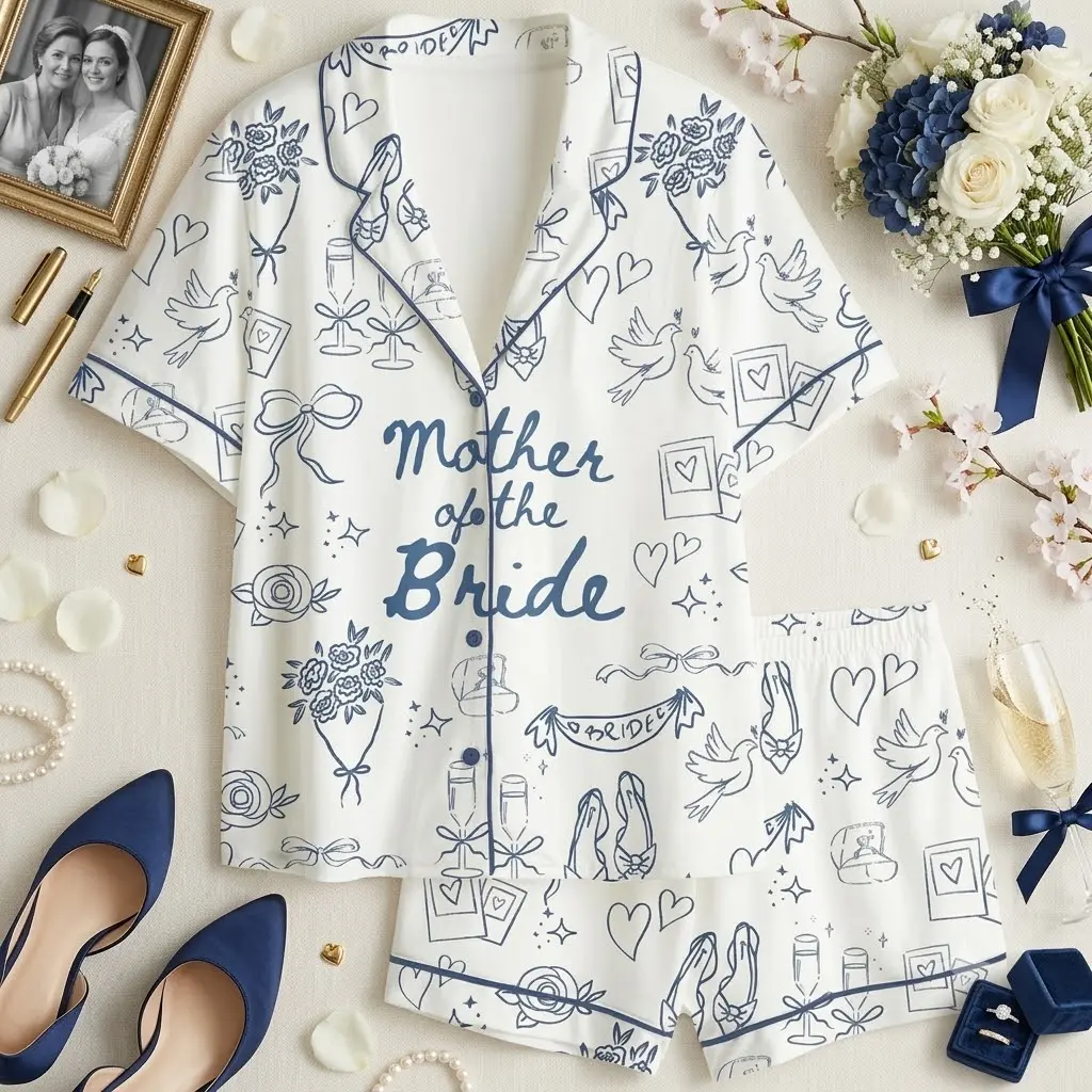 Women's Mother of the Bride Pajama Set 2 Piece Wedding Getting Ready Outfit Short Sleeve Button Down Sleepwear Blue Wedding Print Shorts Set Bridal Party Gift for Mom Cozy Loungewear Cute Aesthetic PJs Soft Comfy Summer Nightwear