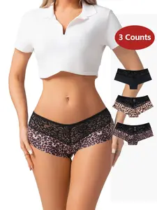 Women's Leopard Print Lace Thong Panties, 3 Pack Seamless Ice Silk Underwear, Breathable Comfort Fit All Seasons