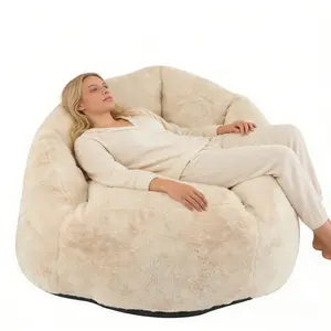 Indoor Cozy Armchair-Style Bean Bag Beige Velvety Faux-Fur Fabric Ergonomic Shape Breathable Foam Fill Eco-Friendly Comfort Space-Saving Chic for Living Rooms Bedrooms Home Offices