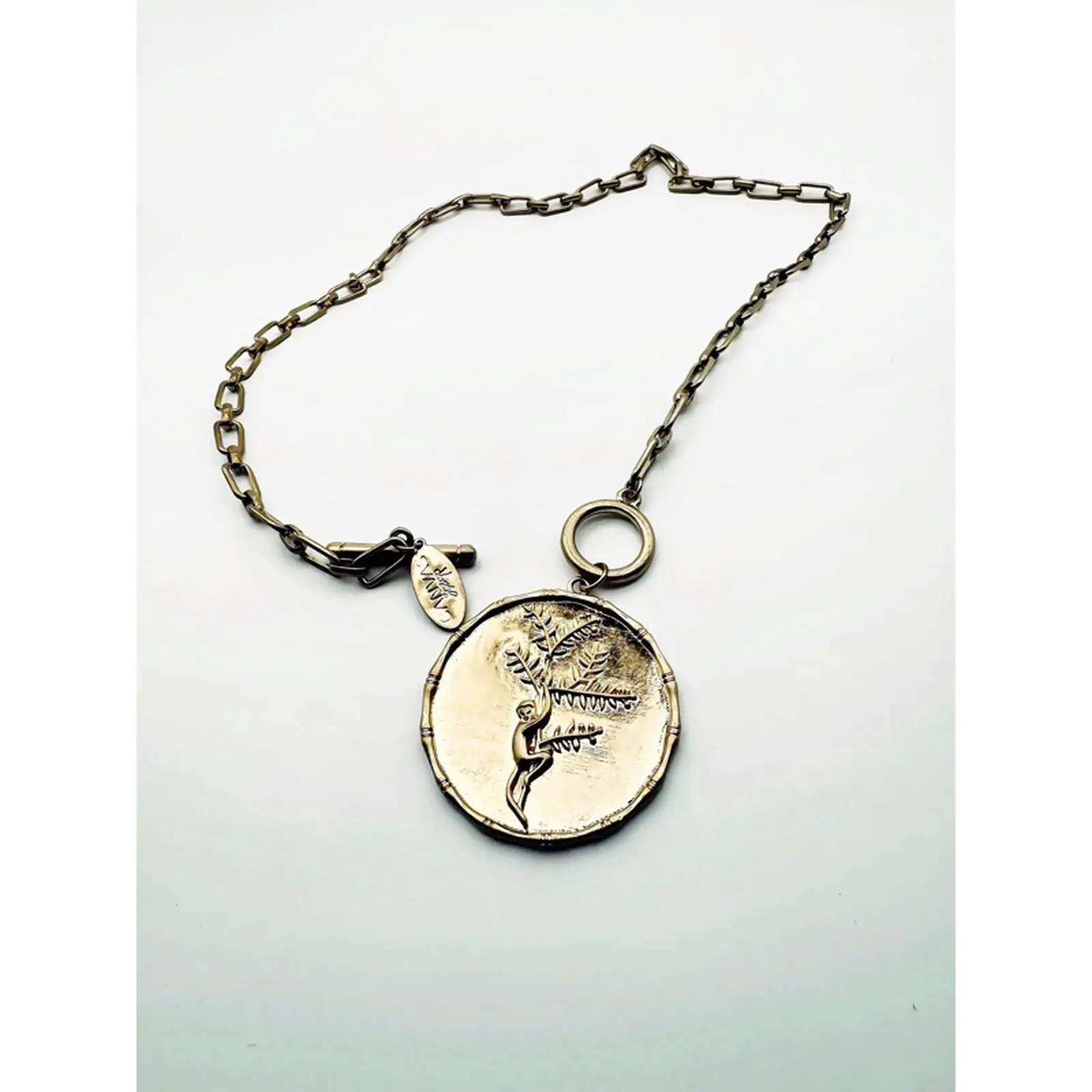 CANVAS Embossed Monkey Tree Coin Pendant Necklace Antique Gold Tone Paperclip Chain Boho Vintage Botanical Safari Style