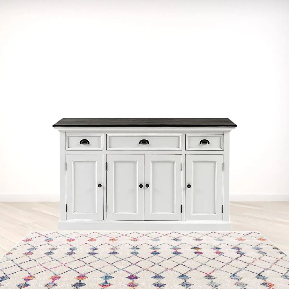 HomeRoots 507534 Modern Rectangular Solid Wood Buffet Table - White & Black, 60in H x 59.84in W x 22.83in D, 231lbs Capacity, Drawers+Shelf Storage, Ideal for Dining Room, Entrance Foyer