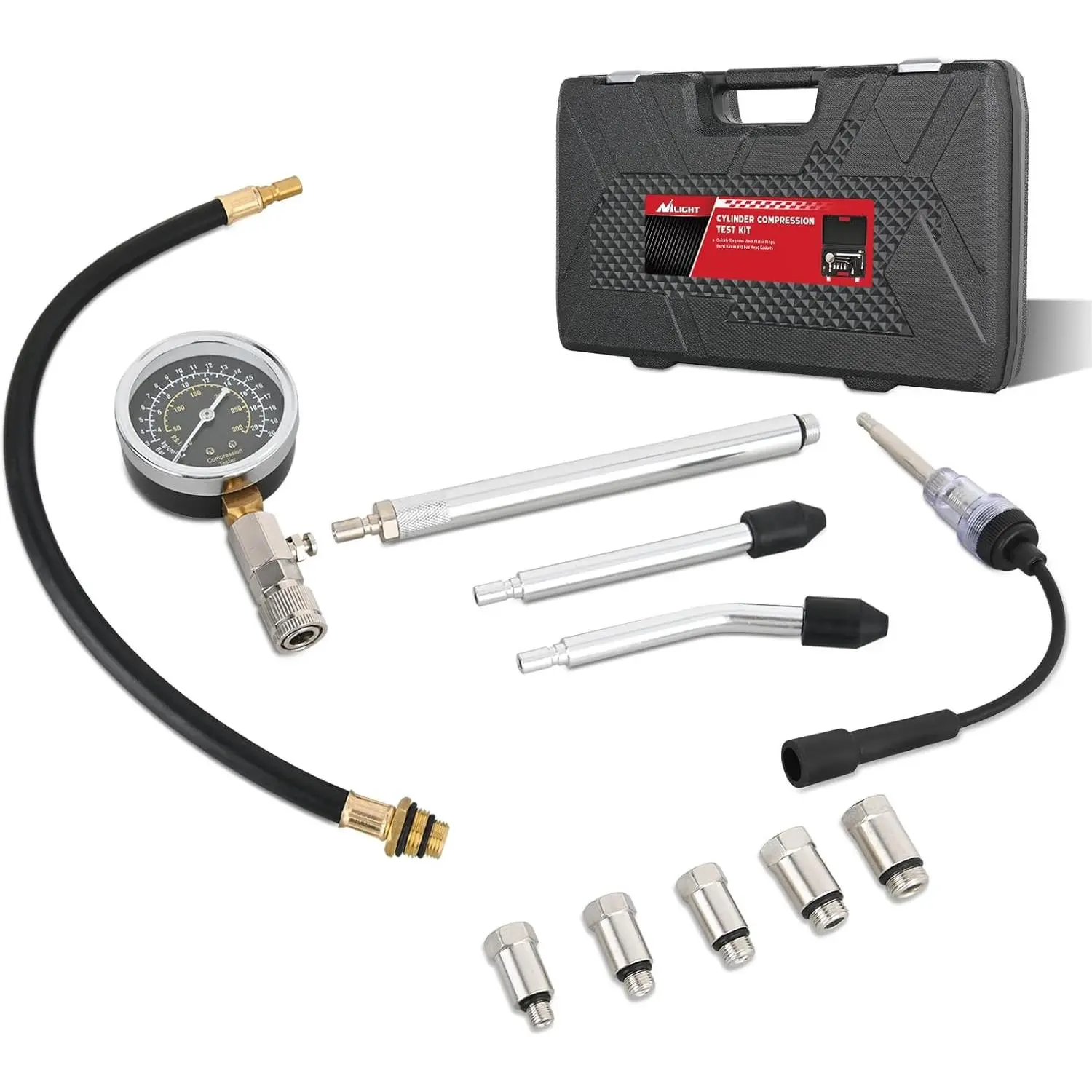 Nilight 11-PCS Aluminum Acrylic Glass Engine Compression Tester Kit for Gas Engines - Easy-Install Automotive Diagnostic Repair Tool with Spark Plug Tester, Cylinder Pressure Gauge, Tire Inflator Pump for Trucks, M12