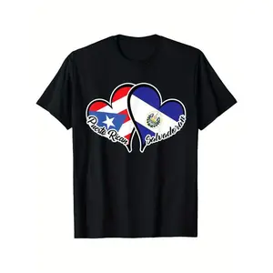 Puerto Rico El Salvador Flag Half Puerto Rican Salvadoran T-Shirt Puerto Rico T-Shirt 100% Cotton Plus Size Men'S T-Shirt 1XL-5XL Black 180G Fabric Weight Moisture-Absorbent Gift for Friends Couples Family Birthday Fashionable And Trendy Printed Shor