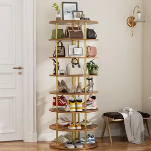 7-Tier Rotating Shoe Rack Tower with Anti-tip Fitting, 360 Spinning Rack with Steel Rods, Free Standing Round Shoe Rack, Lazy Susan Shoe Storage Organizer for Living Room (Rustic Brown, 7-Tier)