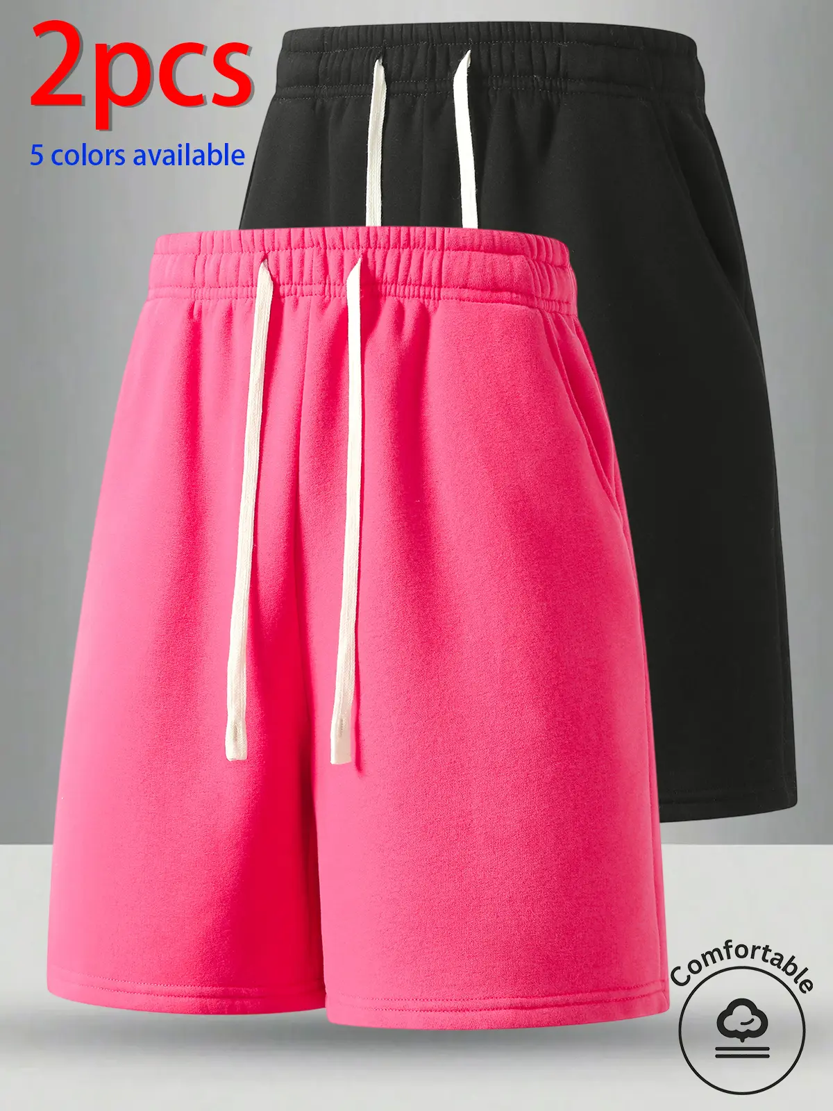2-pack men’s shorts: men’s short shorts, men’s mid-length shorts, men’s cotton shorts. Elastic drawstring waistband design, loose straight fit, soft, skin-friendly solid-color casual shorts—suitable for home wear, strolling, workouts/running, and everyday