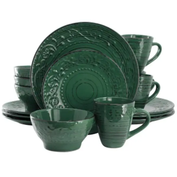 Elama ELM-MALIBU-SEA-GLASS Malibu Sea Glass Dinnerware Set in Dark Green - 16 Piece