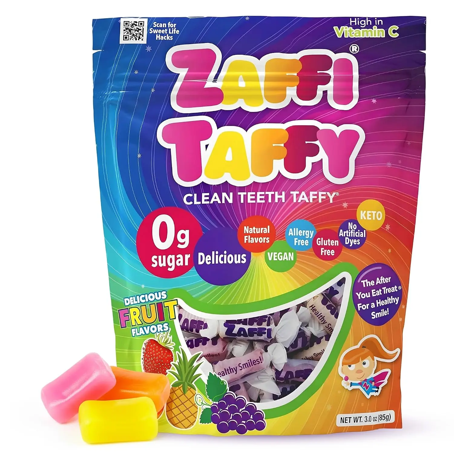 Zaffi Taffy Sugar Free Candy - Dye Free, Keto & Diabetic-Friendly, Dentist-Approved Treats for Kids (Natural Fruit Flavor, 3 oz) Snack