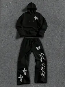 Gothic Cross New York Print Sportswear Set, Streetwear Tracksuit Set, Bold Street Style, Fitted Long Sleeve Sweatshirt, All over Print, Fall & Winter Fashion