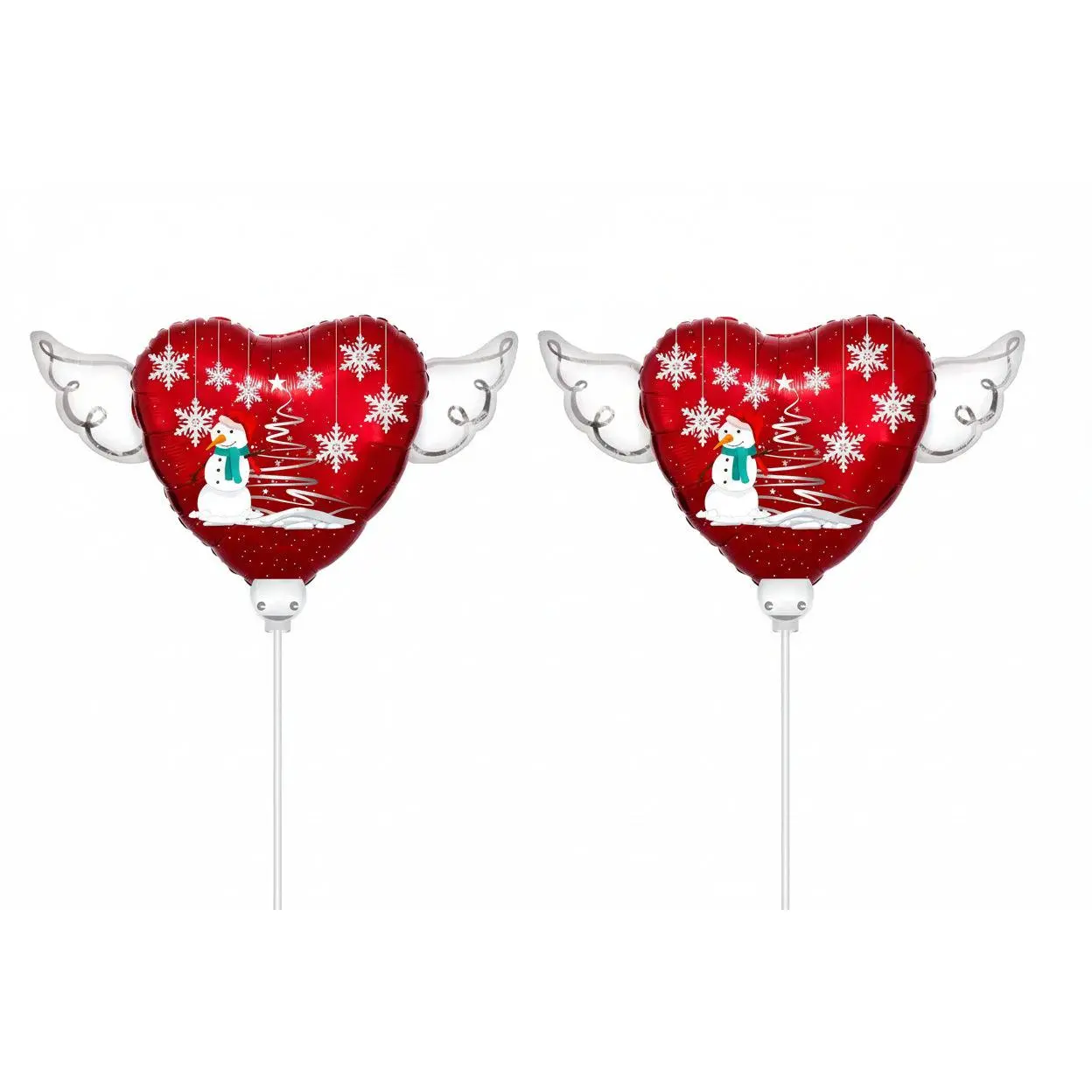 Christmas Snowman Memorial Balloon on a Stick 8" – Heart with Angel Wings | 2-Pack Holiday