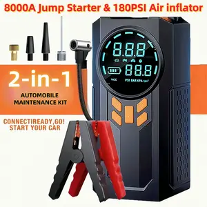 Multi-functional car emergency starter, 2-in-1 car repair kit (180 psi air compressor and 8000A car start power supply), 12V/24V wireless charger, smart alligator clip and inflation accessories, Automotive tool kit, car emergency rescue tool