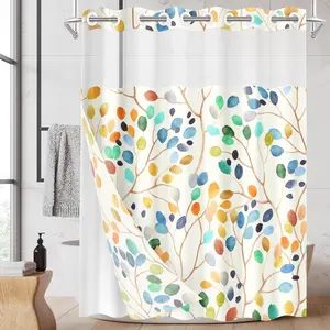 No Hook Colorful Leaves  Shower Curtain with Snap in Fabric Liner Set, Floral Leaf Modern Double Layers  Fabric with See Through Top Window Open Grommet Bath Curtain 71x74 Inch