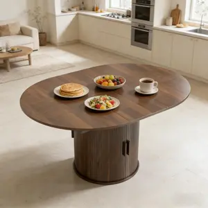 Extendable     Dining Table Round to Oval 4-6 Person with Hidden Storage & Sliding Door, Farmhouse Multi-Use for Dining/Office/Workspace, Walnut Finish mesa para comedor