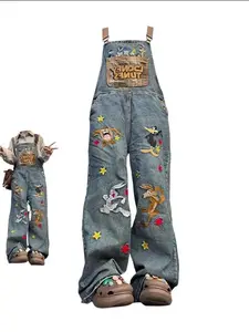 Y2K Retro Cartoon Embroidered Denim Overalls - Washed Loose Jumpsuit for Women - Y2K Streetwear Pants, Gift for Her, Y2k Retro Style, Vibes