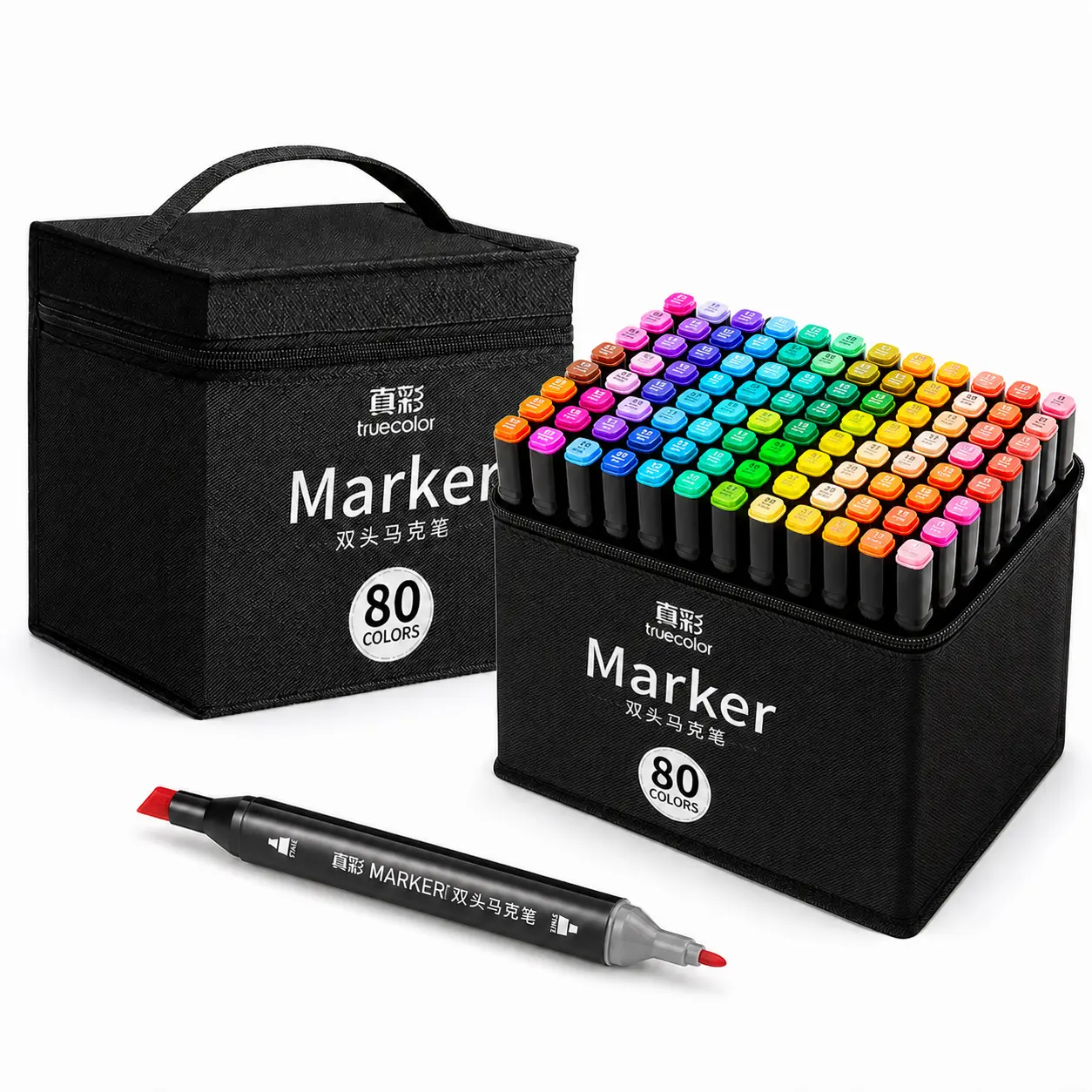 Truecolor Dual Tip Oil-Based Marker Set with Carry Case, 48/60/80 , Art Coloring Supplies, Fine Brush Tips, Quick-Dry Ink