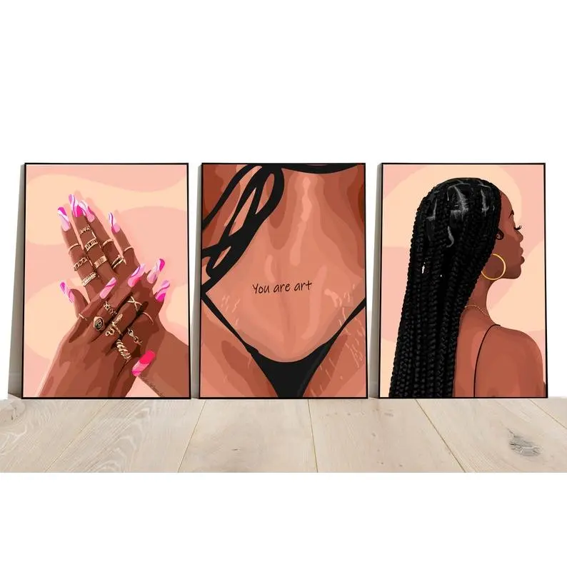 Black Woman Art Print Set of 3 Braided Hair, Body Positive Poster #346324