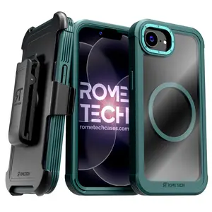 Rome Tech for iPhone 17E / 16E  Strong Defender Clear Case with MagSafe + Holster – Rugged Transparent Dual-Layer Protection, Magnetic Charging Compatible, Raised Bezel Screen & Camera Protection, 180° Rotating Belt Clip