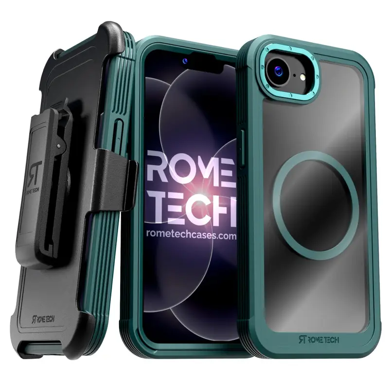 Rome Tech for iPhone 17E / 16E  Strong Defender Clear Case with MagSafe + Holster – Rugged Transparent Dual-Layer Protection, Magnetic Charging Compatible, Raised Bezel Screen & Camera Protection, 180° Rotating Belt Clip