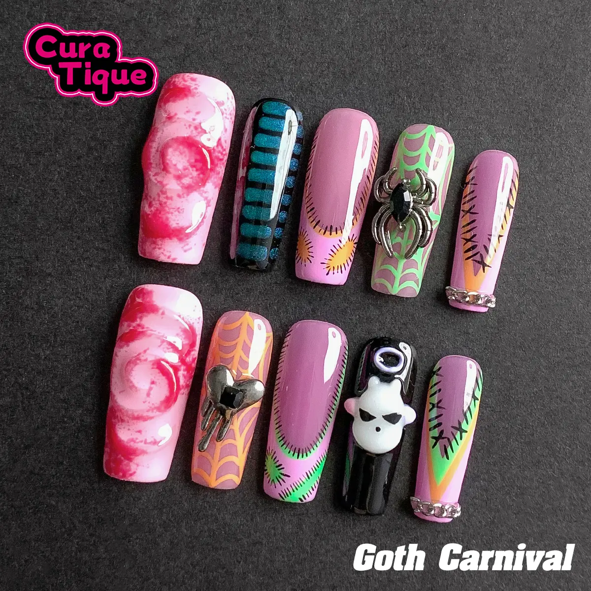 CuraTique | Goth Carnival 10PCS Handmade Press On Nails REUSABLE 3D Gel spring/summer 2025 / Prom