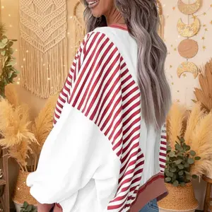 Red Striped Christmas Colorblock Patchwork Oversized Sweatshirt Casual Dress fall Knit