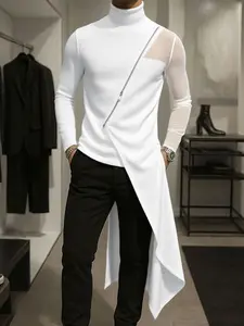 INCERUN Men's Fashion Streetwear Simple Patchwork Transparent Long Sleeve Solid Color Polyester T-Shirt, Casual Style Breathable, Casual Daily Wear, Stylish and Comfortable, Menswear, Top