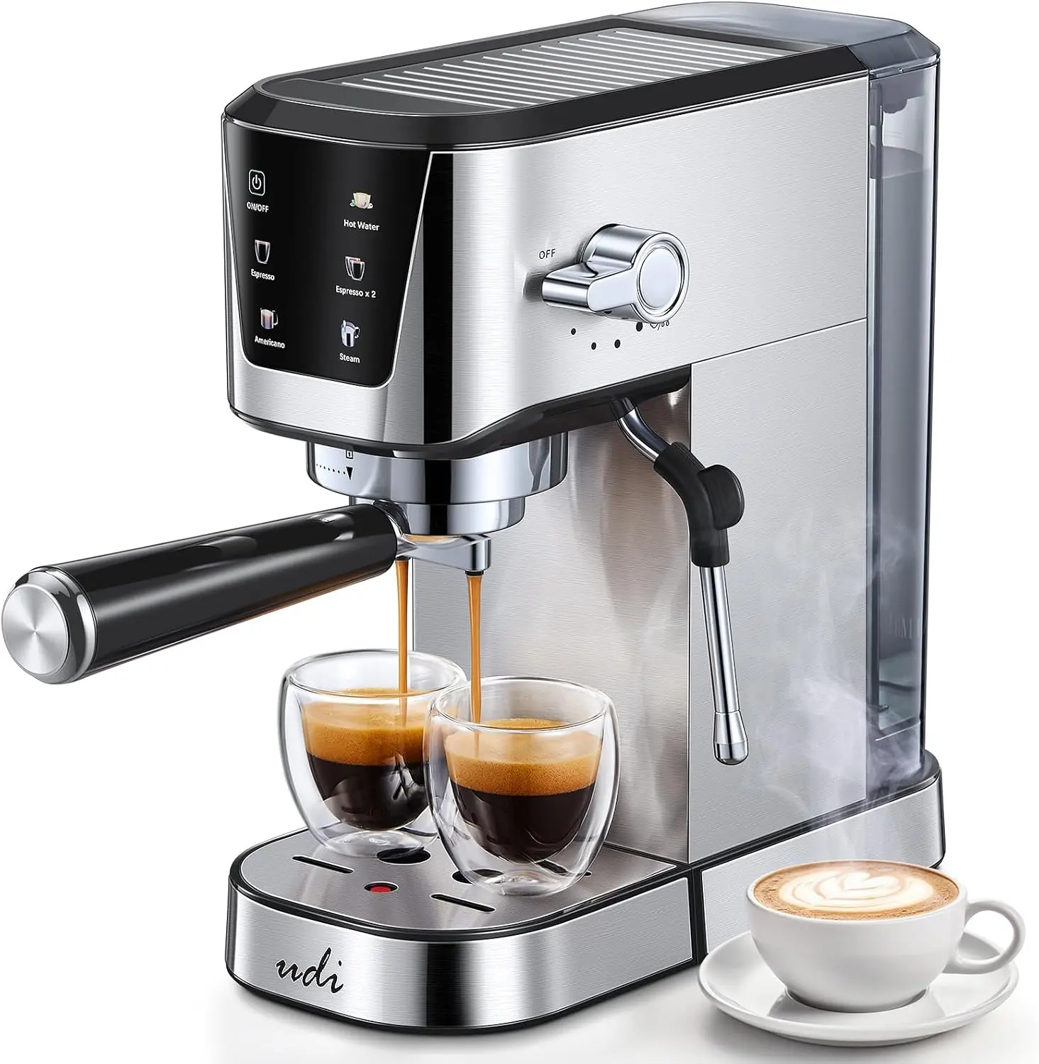 UDI Espresso Machines, 20 Bar Espresso Coffee machine | with LED Touch screen, for Lattes, Cappuccinos, Americano, Compact Cappuccino Latte Machine for Home, Silver