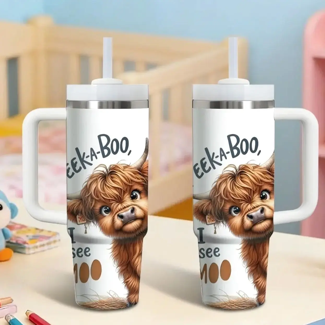 Cute Baby Highland Cow Vacuum Flasks 40oz Stainless Steel Vacuum Insulated Tumbler with Handle and Straw - Leak Resistant Travel Coffee Mug - Keeps Cold for 24 Hours - Cupholder Friendly Water Cup for Gym and Office Leakproof Insulated Tumbler