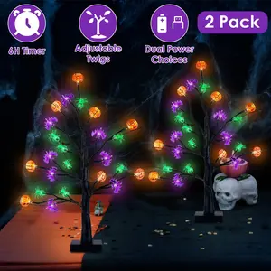 2Pack 1.97FT Lighted Halloween Trees Halloween Indoor Decorations Black Halloween Tree Lights With Timer Adjustable Twigs For Tabletop Party