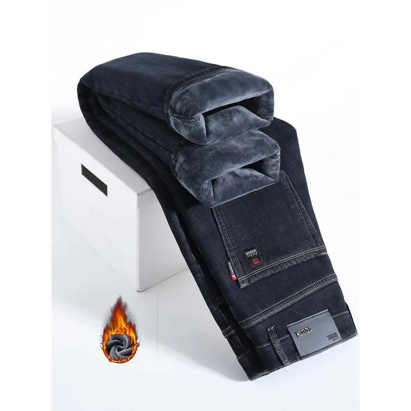 Men's Thick Fleece Lined Denim Jeans, Loose Straight Leg Winter Pants, Warm Street Style, Button Fly Closure, Slim Fit Design