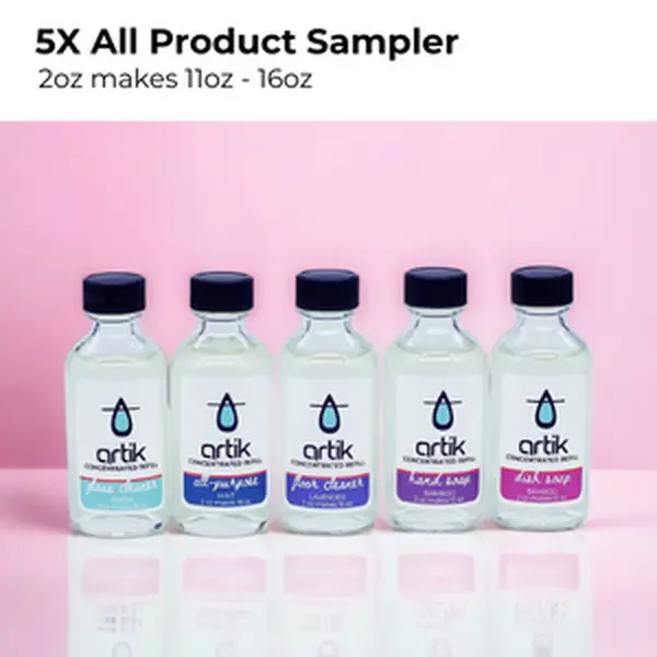 All Product sampler. 5X products total. Mint Cleaner, Bamboo dish soap, Lavender Floor cleaner, freshness glass cleaner and bamboo hand soap. Only by ARTIK