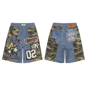 Women's Camo Spliced Patchwork Baggy Denim Jorts, High Waist Multi Letter Star Patches Wide Leg Bermuda Shorts, Vintage Retro SP2 Print Y2K Hip Hop Streetwear Jean Shorts, Oversized Loose Fit Bottoms for Summer Skate Culture, Urban Street Shoots