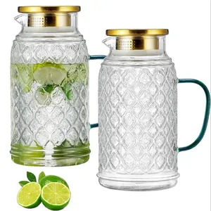 Set of 2 Begonia-Patterned Glass Pitchers,Classic Vintage-Style Juice Jugs with Handles and Lids,Glass Teapots Suitable for Cold Brew Coffee, Lemonade, Iced Sun Tea, Beverages, and Milk.Half-Gallon Capacity