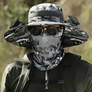 Solar Fan Fishing Hat, UPF 50+ Sun Protection Cooling Hat for Men Women, Dual Power Solar & USB Rechargeable, Wide Brim Breathable Ventilated Cap, Waterproof Outdoor Safari Hat for Hiking, Golf, Garden, Landscaping, Construction Work, Father's Day Gift