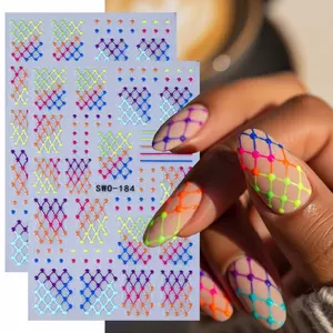 2pcs Neon Color Grid Dot Nail Art Stickers, 3D Self-Adhesive Rainbow Pattern Nail Decals, Geometric Line Dot Manicure Decorations, DIY Nail Design for Women and Girls, DIY Nails Art