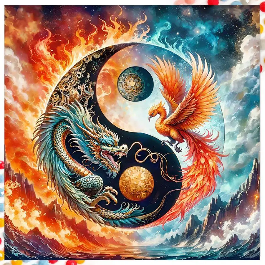 Dragon & Phoenix Pattern DIY Diamond Arts Colorful Painting Kit without Frame, DIY 5D Diamond Arts Colorful Painting Kit, Wall Art Decor for Home Living Room