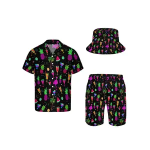 3pcs Men'S Hawaiian Shirt And Short Set, Hawaii Neon Flamingo Wine Glass Soft Fabric Breathable Shirt Button Short Sleeve Casual Beach Shirts Outfits With Bucket Hats Printed Tracksuit Print