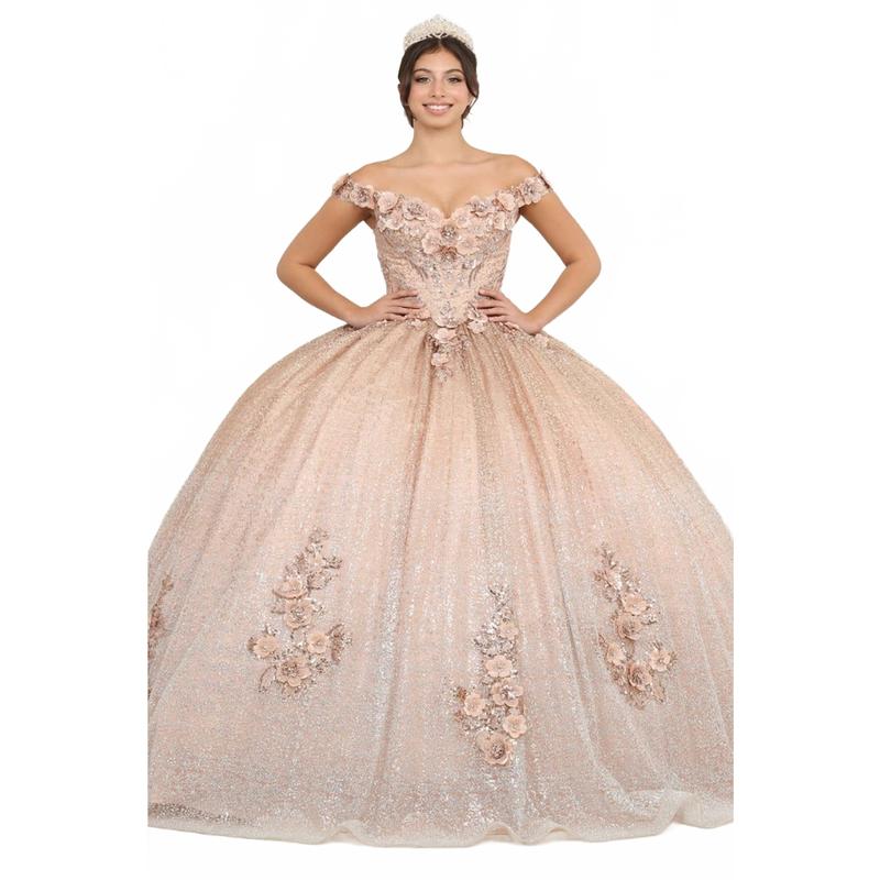 Layla K LK255 Champagne Off-Shoulder Quince Gown with Detachable Tail