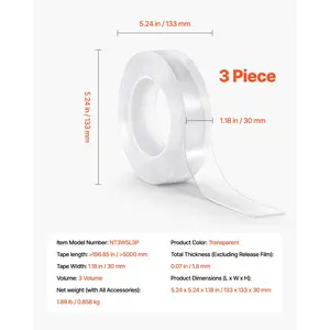 VEVOR Double Sided Tape Heavy Duty, 16 ft Nano Mounting Tape( 3 Pack), Strong Adhesive Reusable, Clear Two Sided Wall Tape, Removable Poster Picture Hanging Strips for Home Office Car Outdoor Use