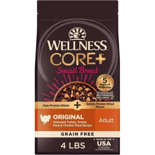 Wellness CORE+ Small Breed Adult Dry Dog Food with Freeze Dried Pieces, Grain Free Kibble+, Natural, High Protein, Turkey and Chicken Recipe, 4 lb Bag