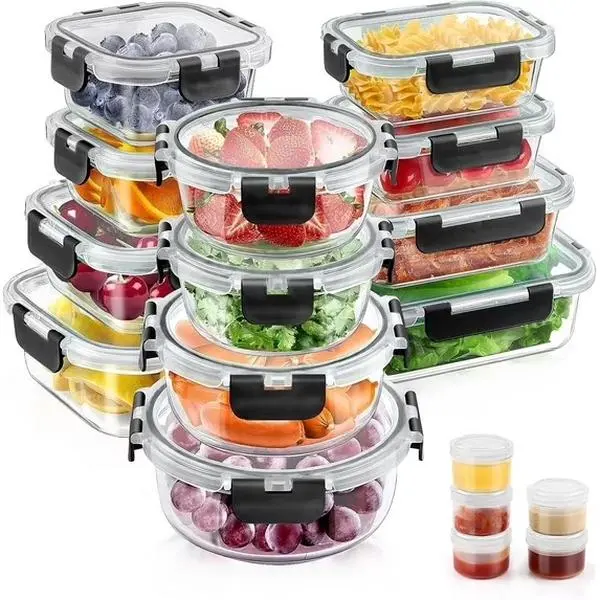 Kitchen Glass Food Storage Containers Set - 34pcs (17 Rectangular/Round/Square Units & 17 Lids), Airtight Stackable Meal Prep Preserving Units