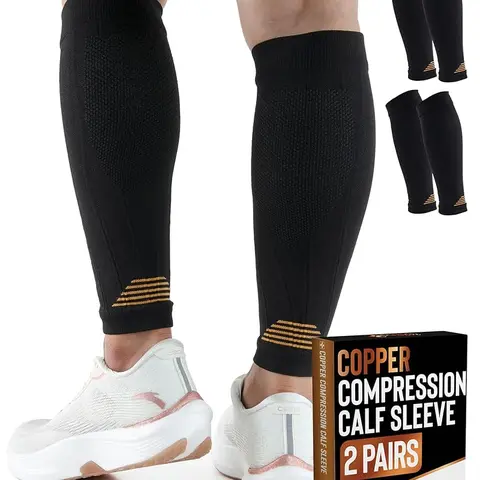 Adults' 2 Pairs Copper-Infused Spandex Blend Leg Compression Sleeves (Black/White) - 20-30 mmHg Calf Support, S/M to 4XL, Compression Wraps for Legs, Eases Fatigue After Work, All Seasons Active Recovery Sports Support