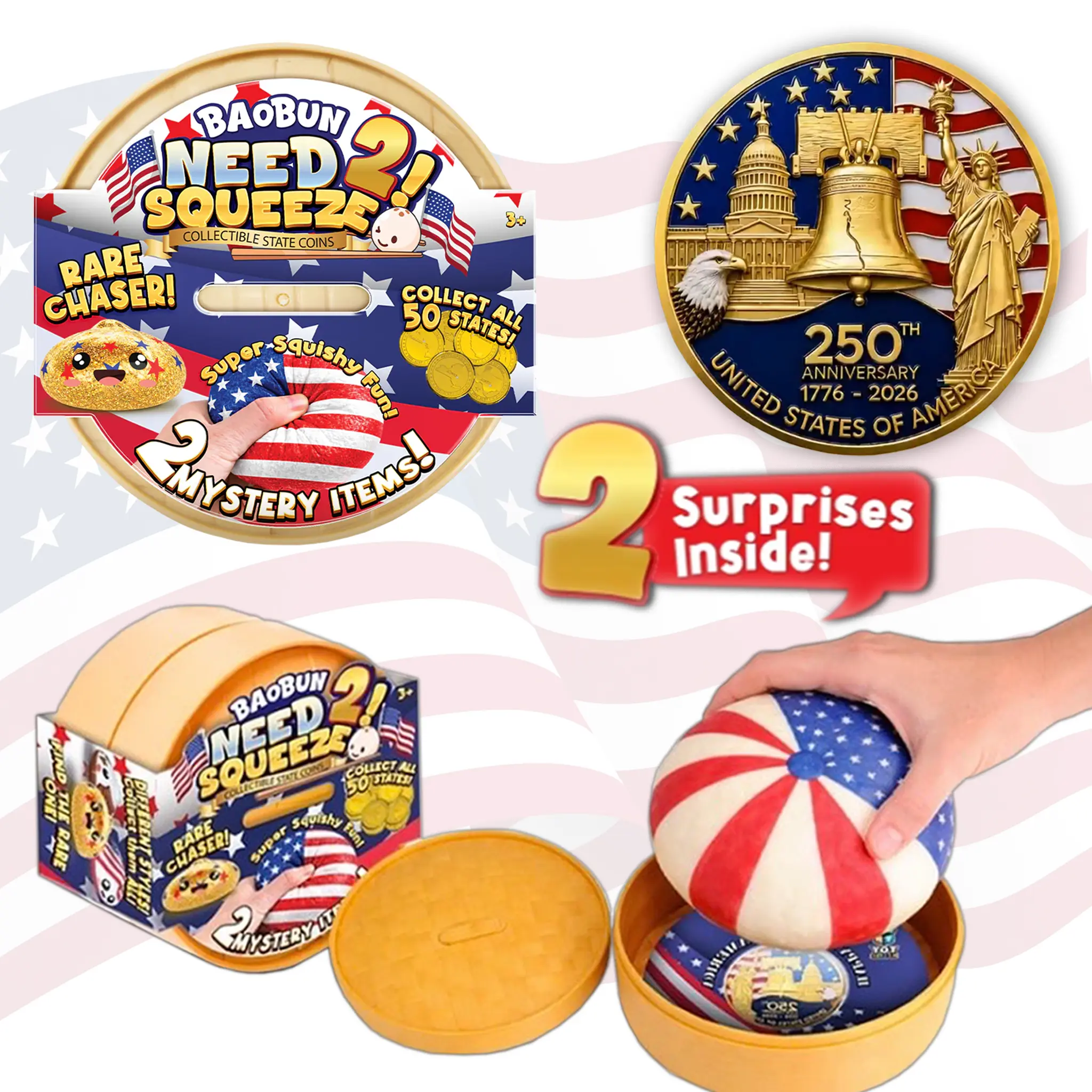 Toy Master Happy Birthday America PU Bao Bun & Surprise Token | Need 2 Squeeze | America Bao Dumpling | Squishy Toy | Bao Bun Surprise | Stress Relief | Dumpling | Slow Rebound | Bao Bun Toy | Party Favors | Bao Bun Dumpling | Tokeez Coin| Toy Master Co